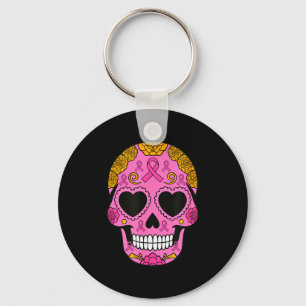Sugar Skull Breast Cancer Awareness Pink Ribbon Ca Keychain