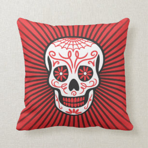 sugar skull burst black & red throw pillow