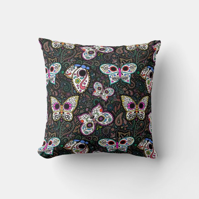 sugar skull butterflies throw pillow, cute spooky pillow (Front)