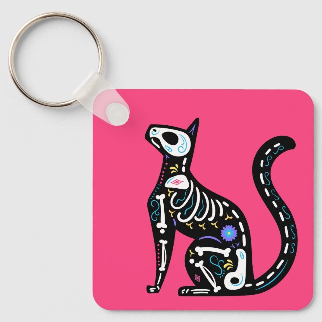 Sugar Skull Calavera Cat III Keychain (Front)