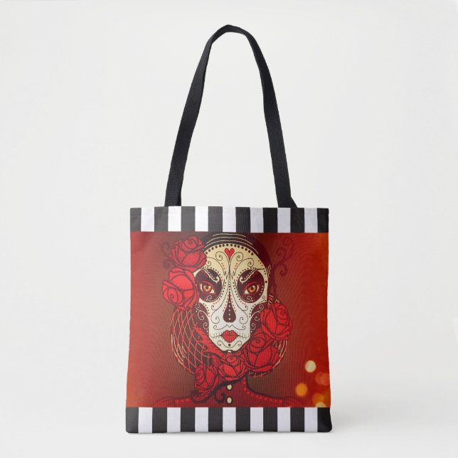 Sugar skull calavera stripe reusable tote bag (Front)