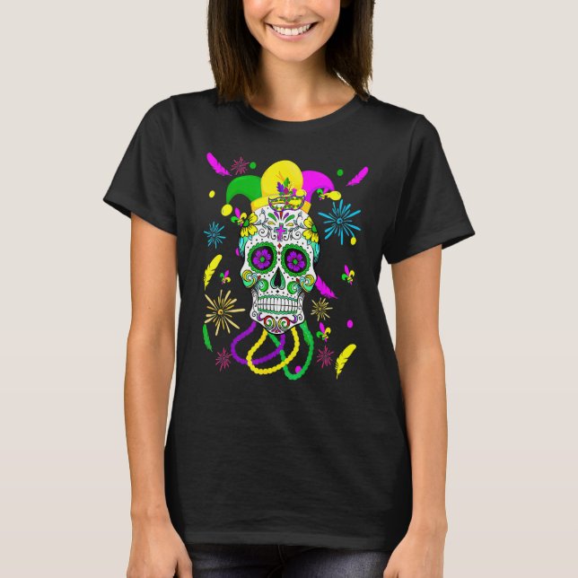 Sugar Skull Carnival Mask Jester Hat Mardi Gras Gi T-Shirt (Front)
