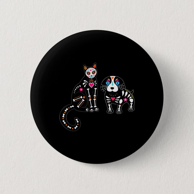 Sugar Skull Cat And Dog Funny Halloween 2 Inch Round Button (Front)