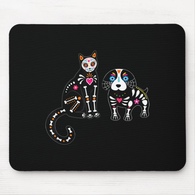Sugar Skull Cat And Dog Funny Halloween Mouse Pad (Front)