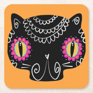 Sugar Skull Cat Catrina Day of the Dead  Square Paper Coaster