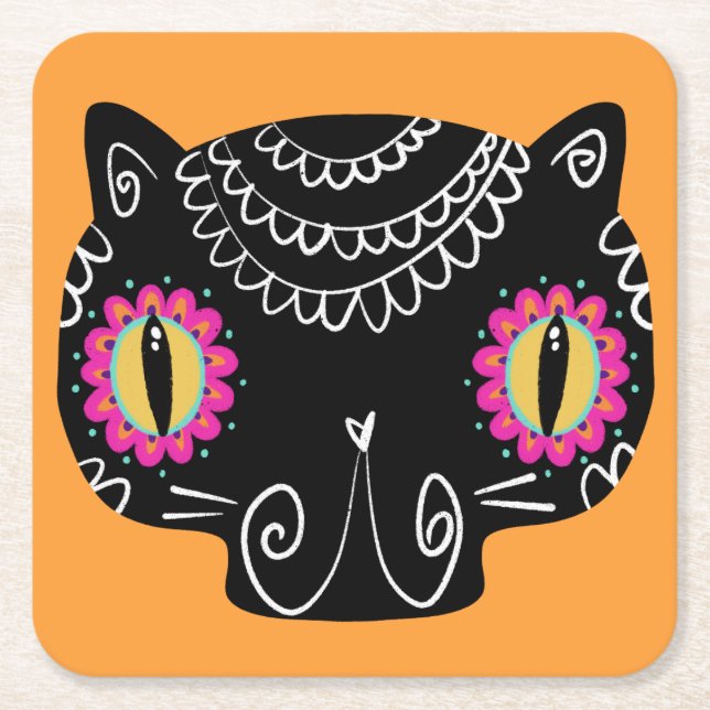 Sugar Skull Cat Catrina Day of the Dead  Square Paper Coaster (Front)