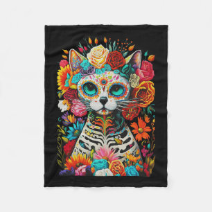 Sugar Skull Cat De Los Muertos La Catrina Day Of T Fleece Blanket