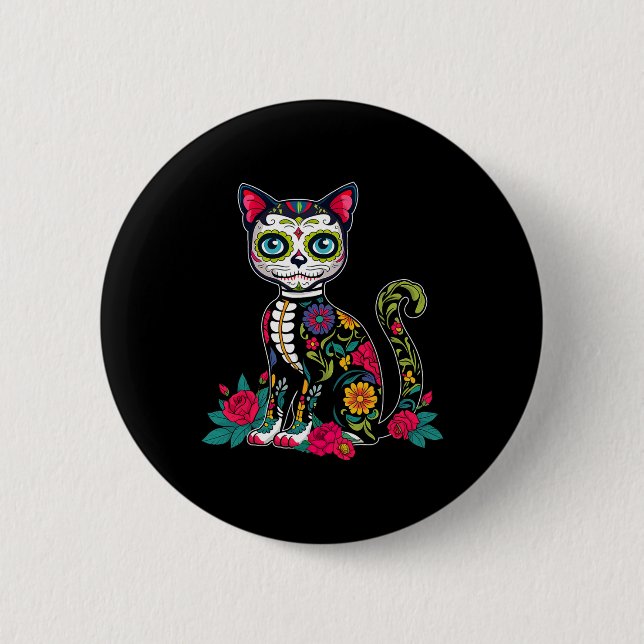 Sugar Skull Cat Dia De Muertos Day Of Dead Hallowe 2 Inch Round Button (Front)