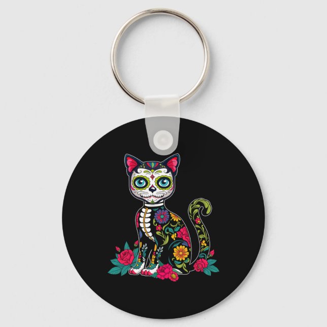 Sugar Skull Cat Dia De Muertos Day Of Dead Hallowe Keychain (Front)