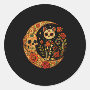 Sugar Skull Cat Moon Dia De Los Muertos Funny Hall Classic Round Sticker