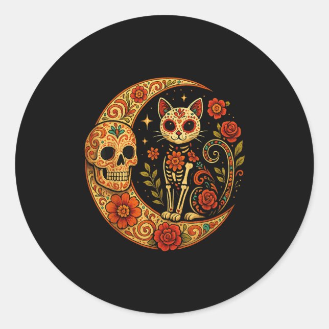 Sugar Skull Cat Moon Dia De Los Muertos Funny Hall Classic Round Sticker (Front)
