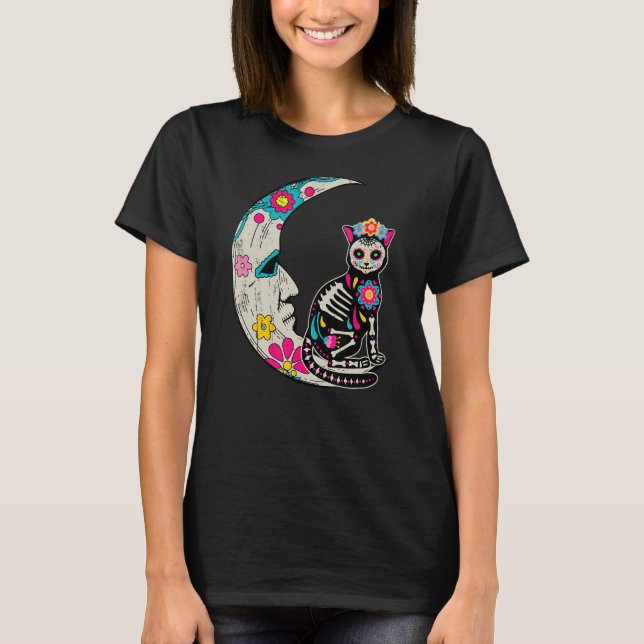Sugar Skull Cat Moon Dia De Los Muertos Mexican Da T-Shirt (Front)