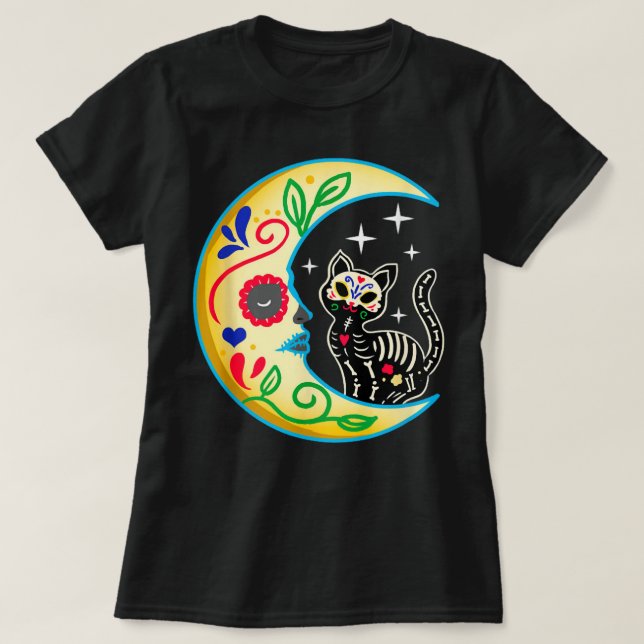 Sugar Skull Cat Moon Halloween Day Of The Dead T-Shirt (Design Front)
