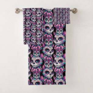 Sugar Skull Cat Pattern Bath Towel Set