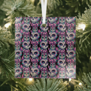Sugar Skull Cat Pattern Glass Ornament