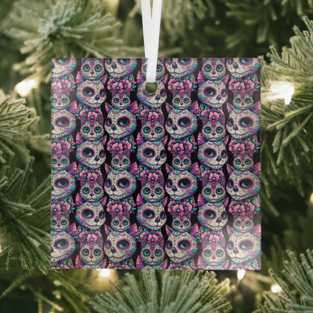 Sugar Skull Cat Pattern Glass Ornament (Insitu)