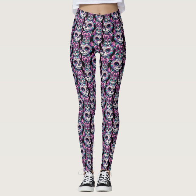 Sugar Skull Cat Pattern Leggings (Front)