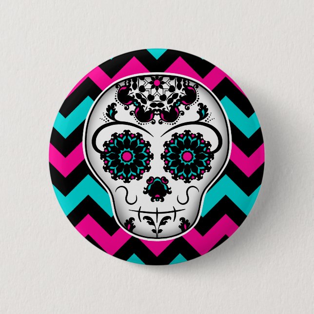 Sugar skull chevron stripes design 2 inch round button (Front)