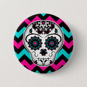 Sugar skull chevron stripes design 2 inch round button