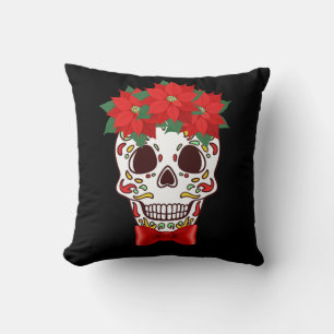 Sugar Skull Christmas Pillow with Poinsettias
