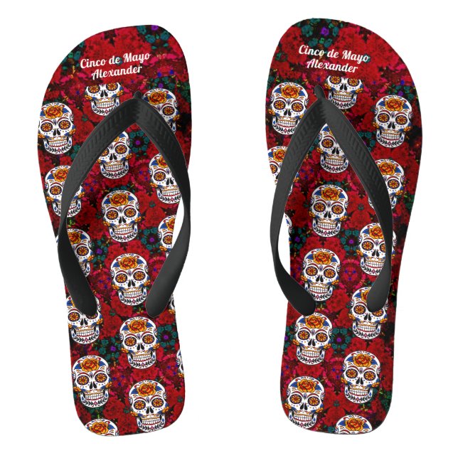 Sugar Skull Cinco de Mayo Red Floral Add Name Flip Flops (Footbed)