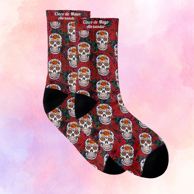 Sugar Skull Cinco de Mayo Red Floral Add Name Socks (Creator Uploaded)