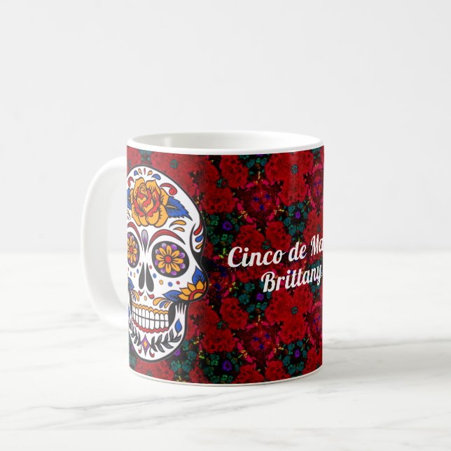 Sugar Skull Cinco de Mayo Red Floral Name Coffee Mug (Front Left)