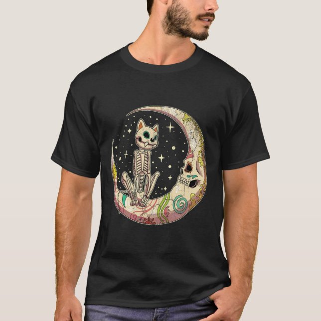 Sugar Skull Crescent Moon Cat Dead Day Halloween C T-Shirt (Front)