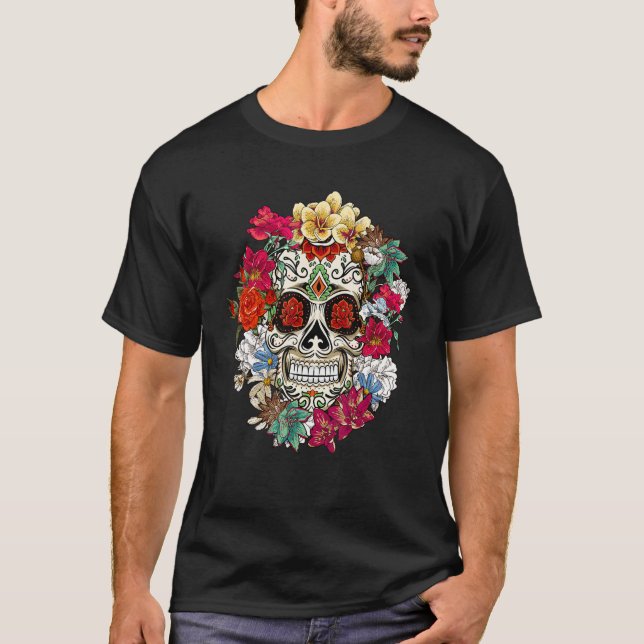 Sugar Skull Day Of Dead Dia De Los Muertos Flowers T-Shirt (Front)