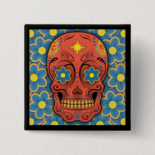 Sugar Skull - Day of the Dead (Blue Daisies) 2 Inch Square Button