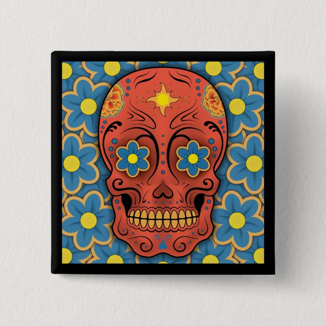 Sugar Skull - Day of the Dead (Blue Daisies) 2 Inch Square Button (Front)