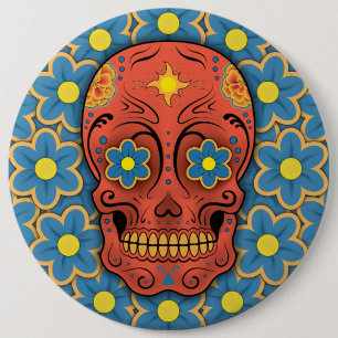 Sugar Skull - Day of the Dead (Blue Daisies) 6 Inch Round Button