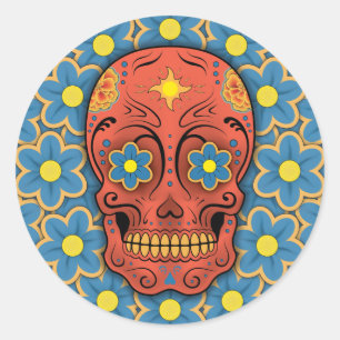 Sugar Skull - Day of the Dead (Blue Daisies) Classic Round Sticker