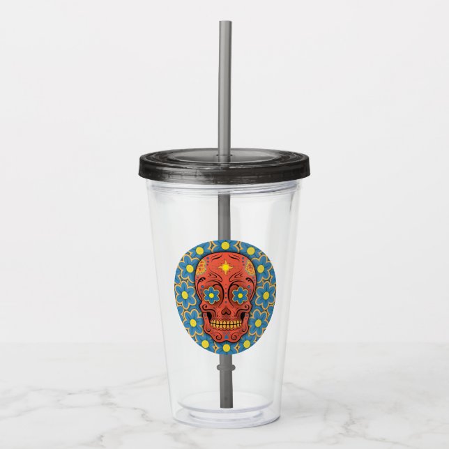 Sugar Skull - Day of the Dead (Blue Daisies) Water Acrylic Tumbler (Front)