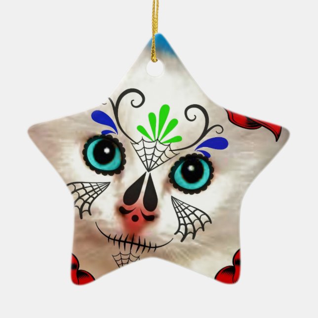 SUGAR SKULL DAY OF THE DEAD CAT KITTY CERAMIC ORNAMENT (Front)