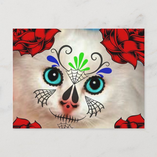 SUGAR SKULL DAY OF THE DEAD CAT KITTY POSTCARD (Front)