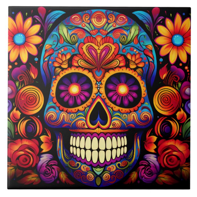 Sugar Skull Day of the Dead Colourful Trivet Tile (Front)