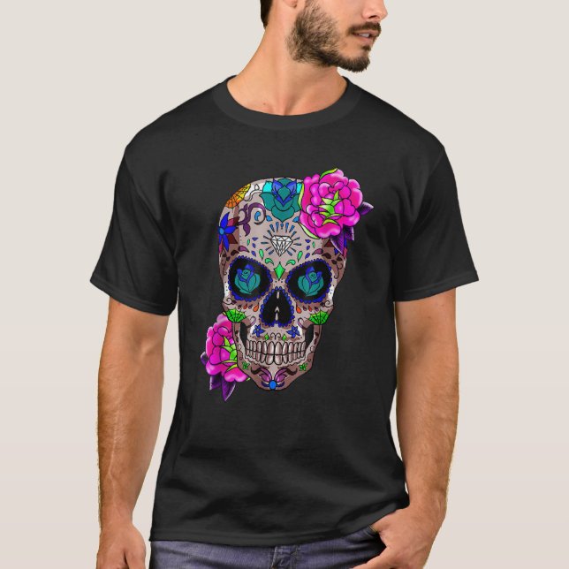 Sugar Skull Day Of The Dead Cool Bone Head Skulls  T-Shirt (Front)