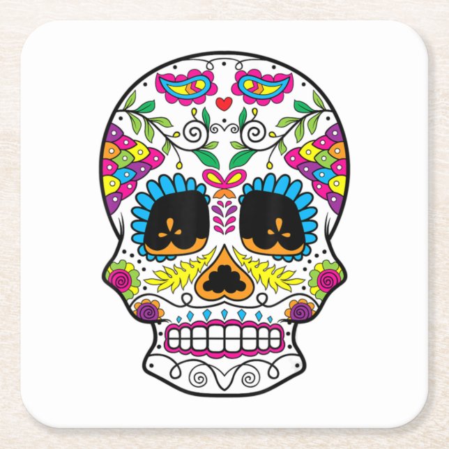 Sugar Skull Day Of The Dead Dia De Los Muertos Art Square Paper Coaster (Front)