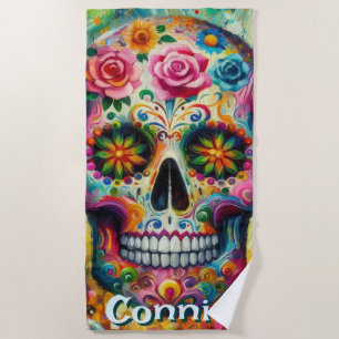 Sugar Skull Day of the Dead Floral Personalized Beach Towel