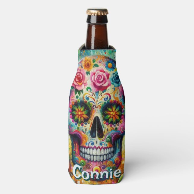 Sugar Skull Day of the Dead Floral Personalized Bottle Cooler (Bottle Front)