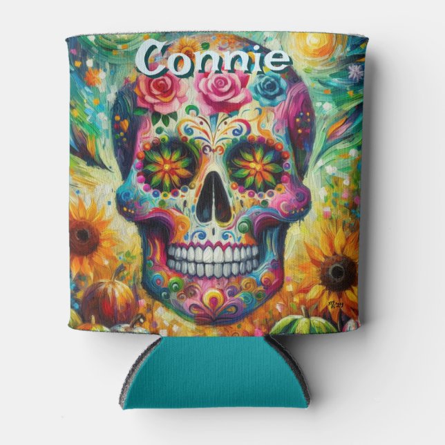 Sugar Skull Day of the Dead Floral Personalized Can Cooler (Front)