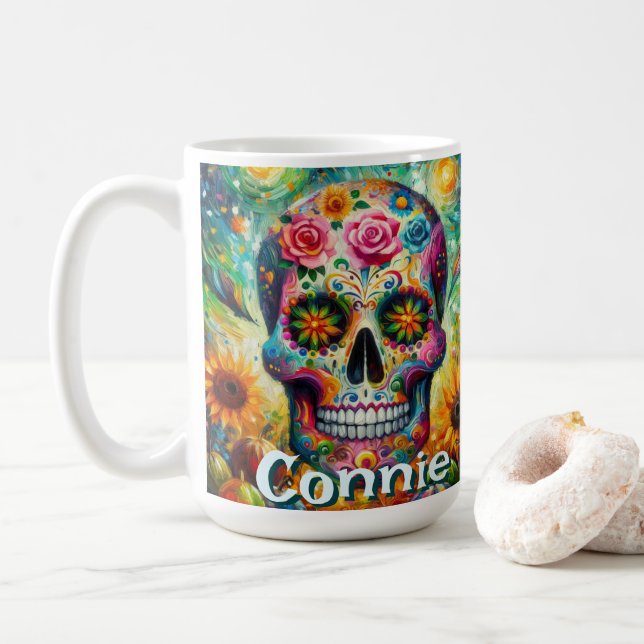 Sugar Skull Day of the Dead Floral Personalized Coffee Mug (With Donut)