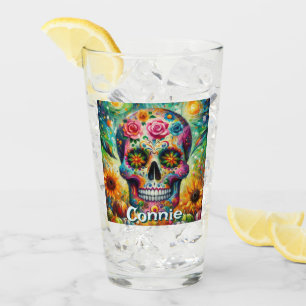 Sugar Skull Day of the Dead Floral Personalized Glass