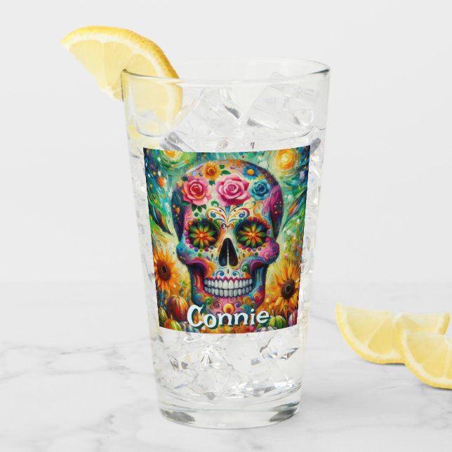 Sugar Skull Day of the Dead Floral Personalized Glass (Front Ice)