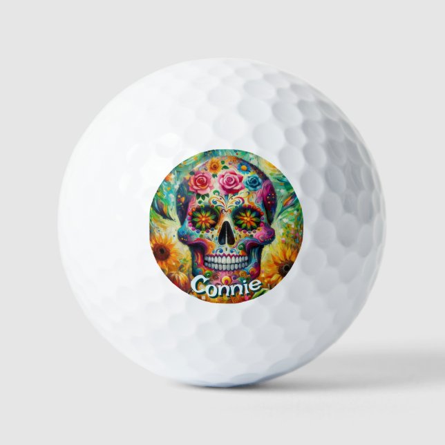 Sugar Skull Day of the Dead Floral Personalized Golf Balls (Front)