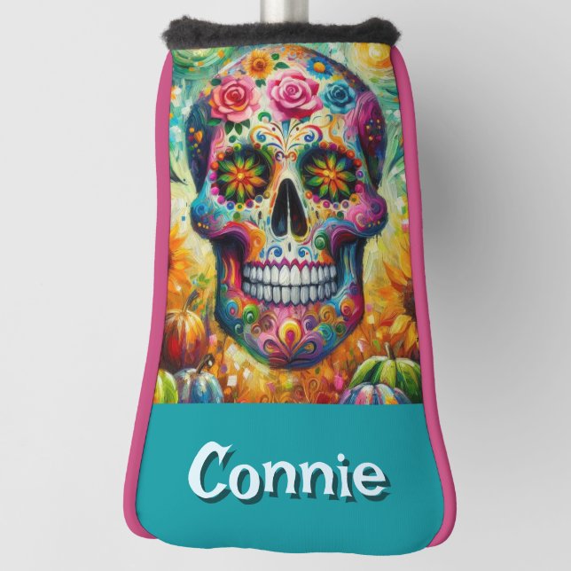 Sugar Skull Day of the Dead Floral Personalized Golf Head Cover (Rotate 90)