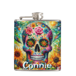 Sugar Skull Day of the Dead Floral Personalized Hip Flask
