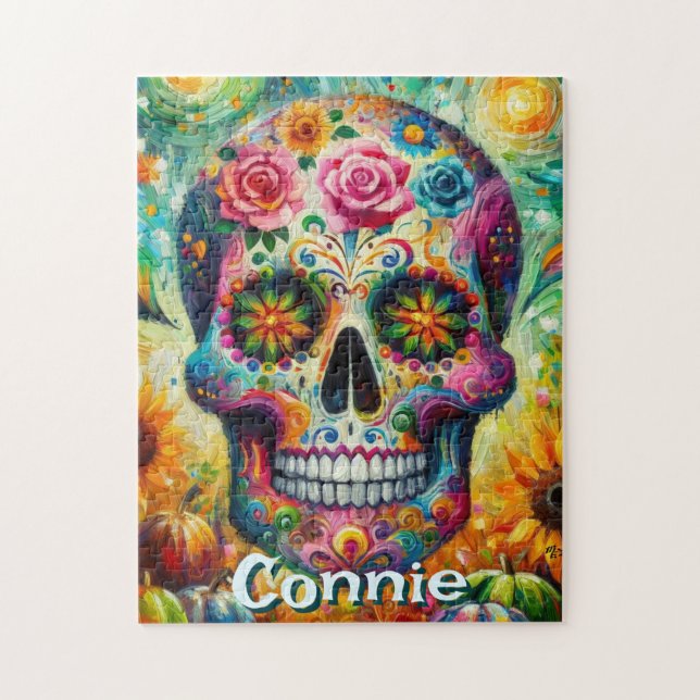Sugar Skull Day of the Dead Floral Personalized Jigsaw Puzzle (Vertical)
