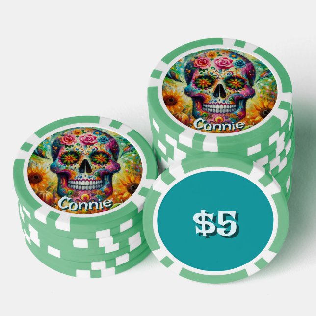Sugar Skull Day of the Dead Floral Personalized Poker Chips (Stack)